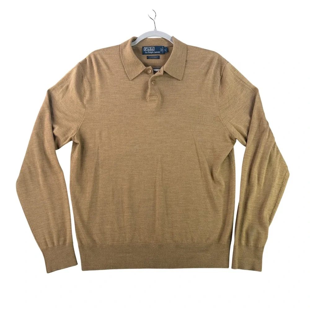 Polo Ralph Lauren Sweater Large Mens Tan Merino Wool Silk Cashmere Knit Polo